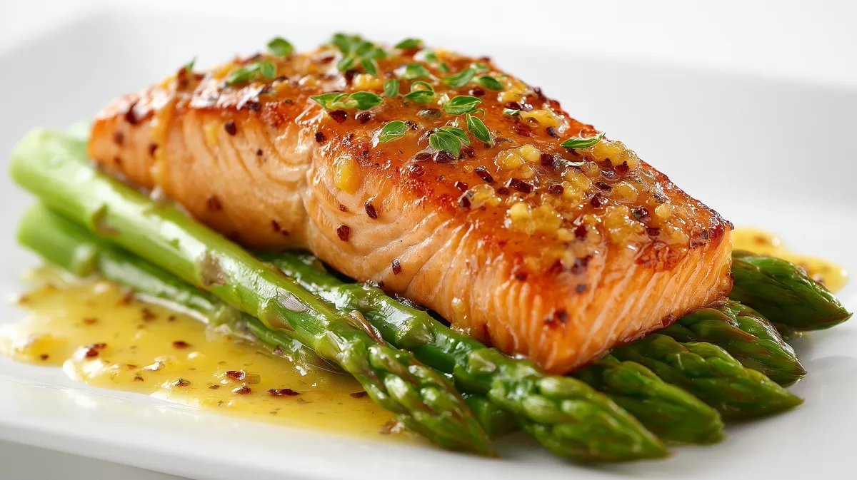 Lachsfilet mit Honig Senf Glasur auf grünem Spargel