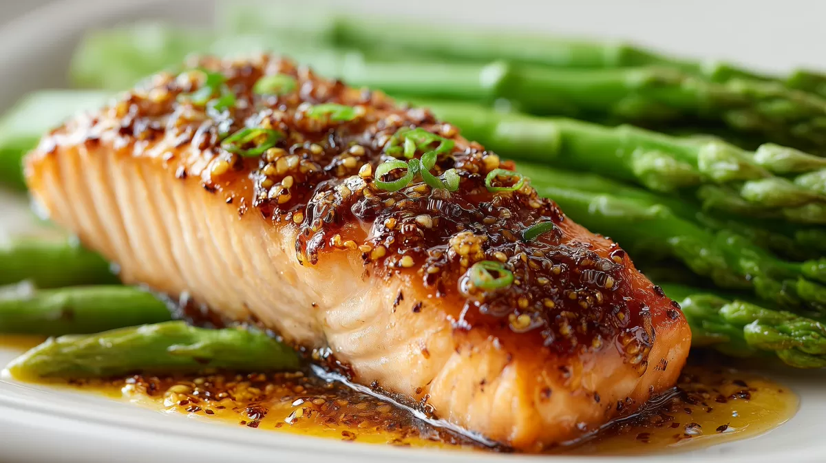 Lachsfilet mit Honig Senf Glasur und grünem Spargel