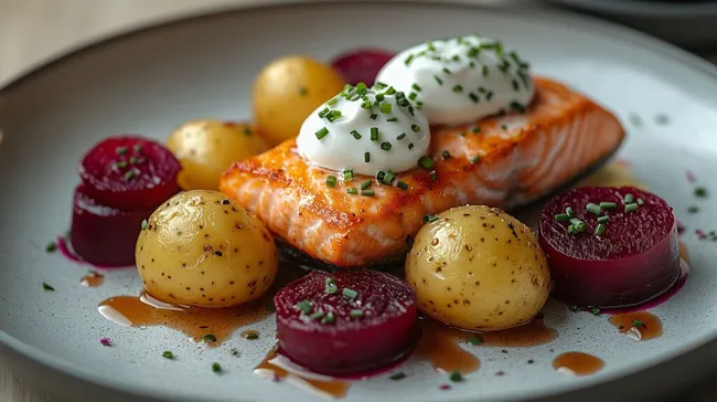 Lachsfilet mit Kartoffeln und Rote Bete