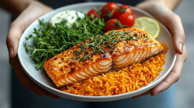 Lachsfilet mit Reis und Kräutersalat