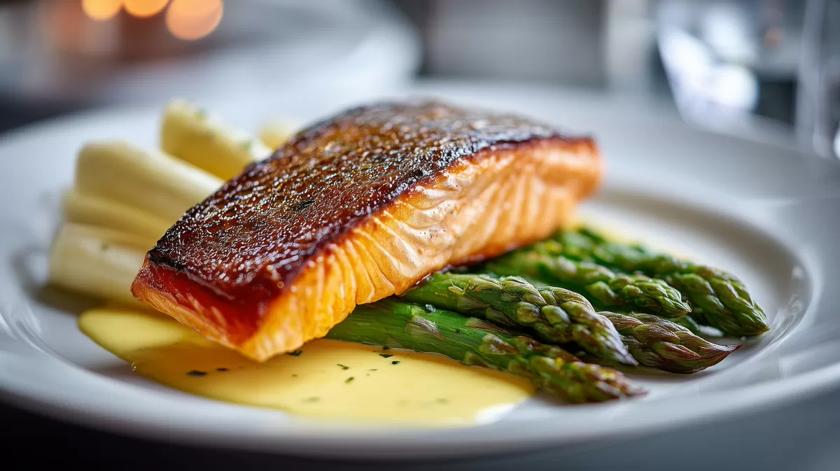 Lachsfilet mit Spargel und Buttersauce auf Teller