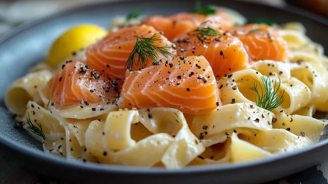 Lachsfilets auf Nudeln in cremiger Sauce