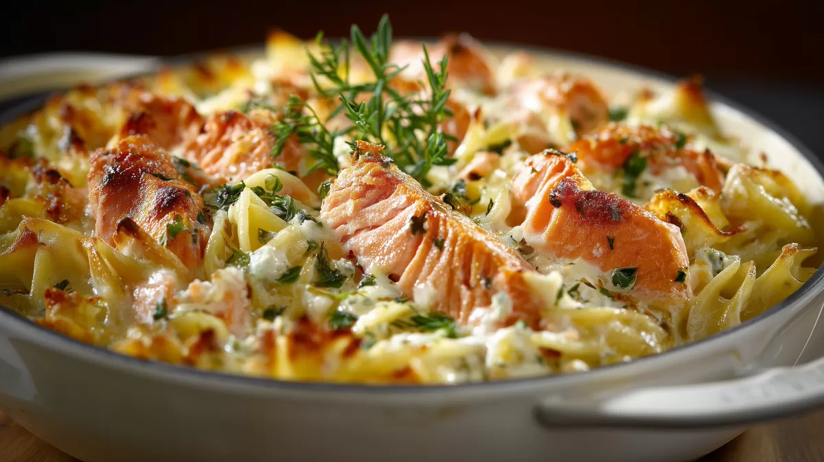 Lachslasagne mit Gorgonzola frisch aus dem Ofen