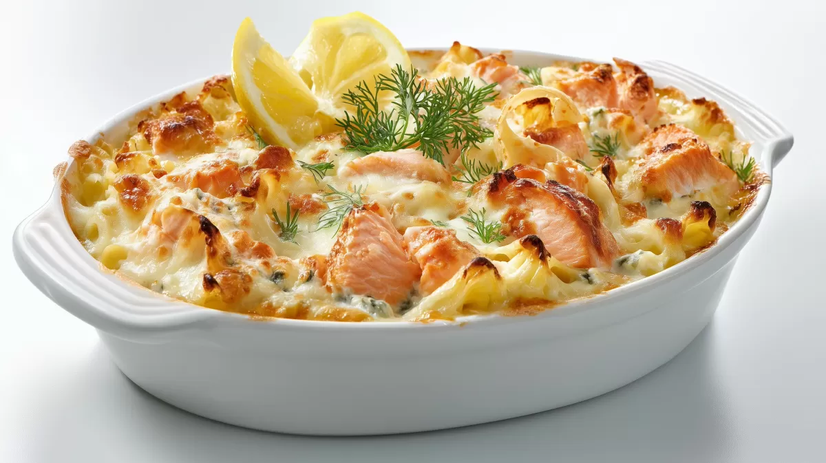 Lachslasagne mit Gorgonzola in weißer Auflaufform