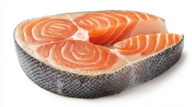 Lachssteak mit knuspriger Haut auf Draufsicht