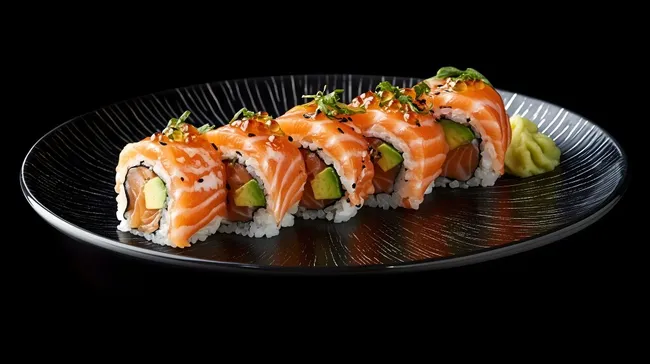 Lachssushi-Rollen mit Avocado - Traditionelle asiatische Delikatesse
