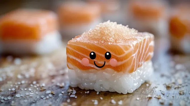 Lachssushi-Würfel mit süßem Gesicht - Kawaii Food-Art