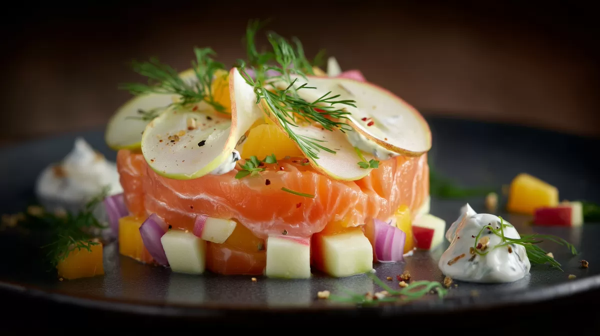 Lachstatar mit Apfelwürfeln auf dunklem Teller