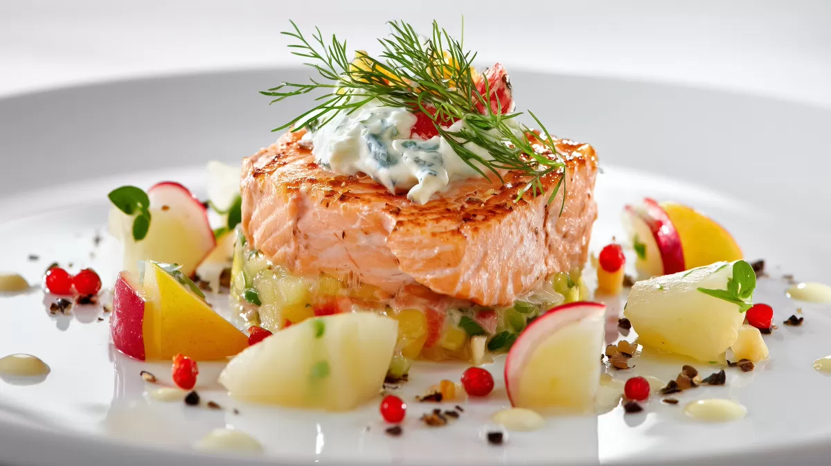 Lachstatar mit Apfelwürfeln auf weißem Teller