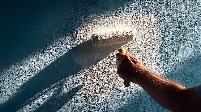 Lackrolle bringt frische Farbe auf grobe Wand auf