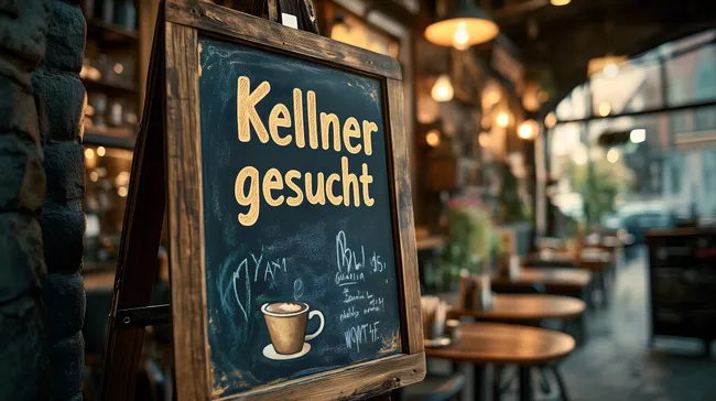 Ladenanzeige für Kellner*innen in rustikalem Café-Interieur