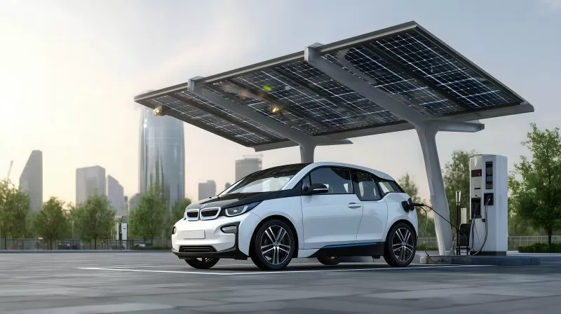 Ladestation für E Auto mit Solarpanels im Hintergrund