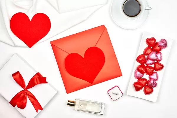 Lady set with wedding gifts and sweet chocolate candies