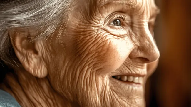 Lächelnde ältere Frau mit faltiger Haut