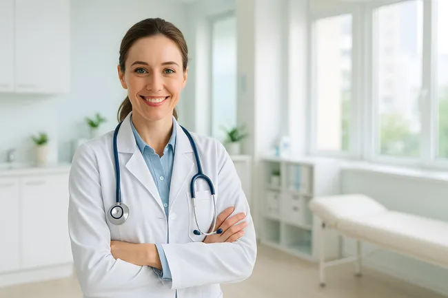 Lächelnde Ärztin in moderner Klinik