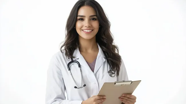 Lächelnde Ärztin mit Stethoskop und Klemmbrett