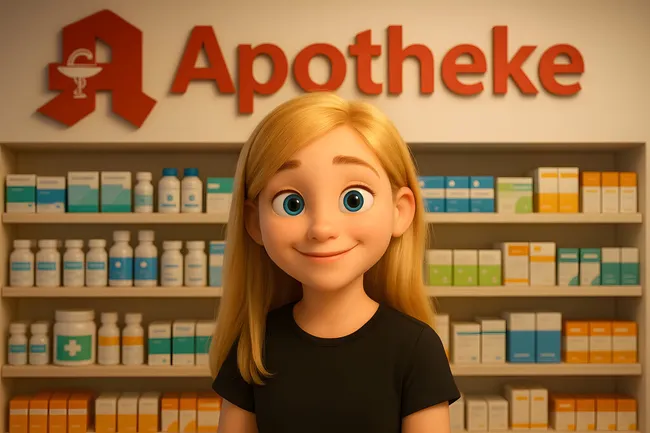 Lächelnde Apotheken-Mitarbeiterin vor Medikamentenregalen