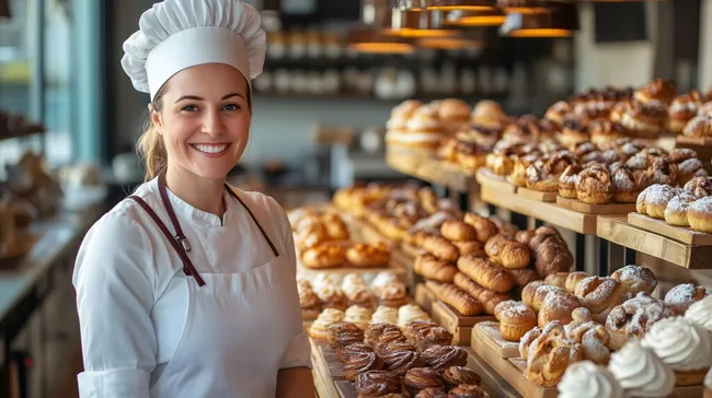 Lächelnde Bäckerin in Backstube mit frischen Leckereien