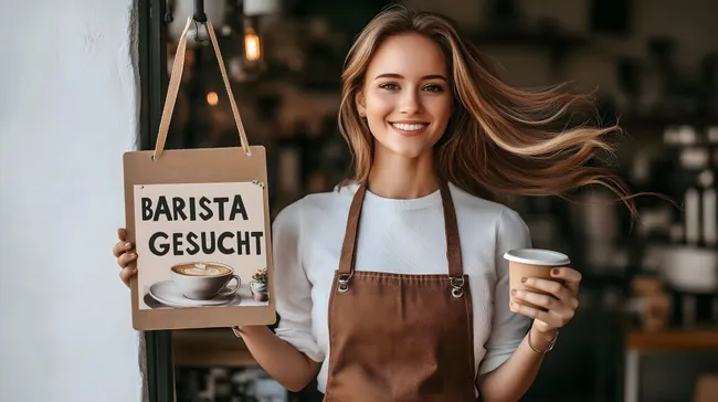 Lächelnde Barista mit Schild 'Barista gesucht' vor Café-Kulisse