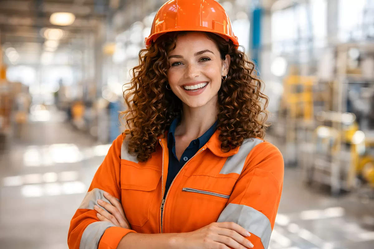 Lächelnde Bauarbeiterin mit Schutzhelm auf Baustelle