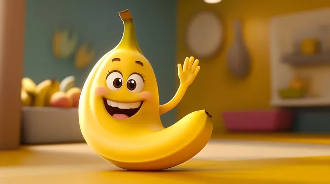 Lächelnde Cartoon-Banane winkt fröhlich in der Küche