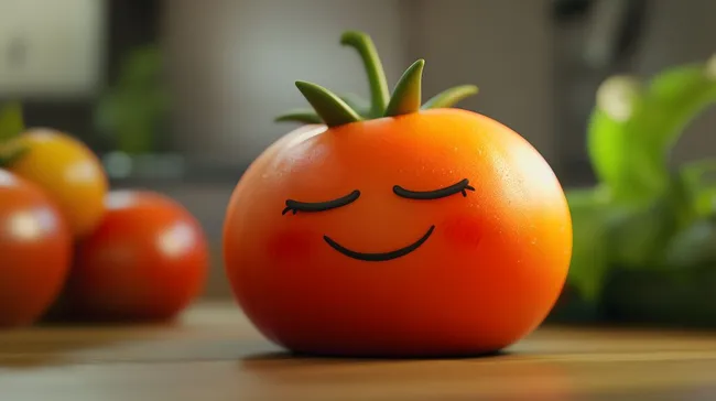 Lächelnde Cartoon-Tomate mit grünen Blättern