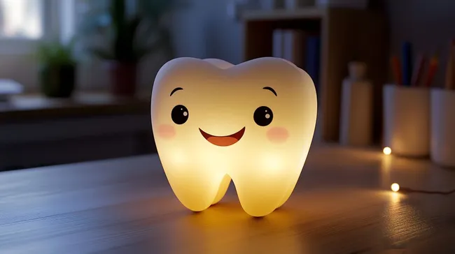 Lächelnde Cartoon-Zahnlaterne auf Holzoberfläche