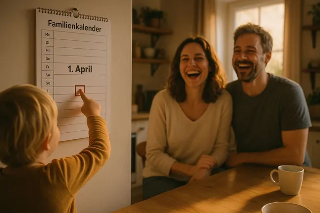 Lächelnde Familie feiert am Küchentisch den 1. April