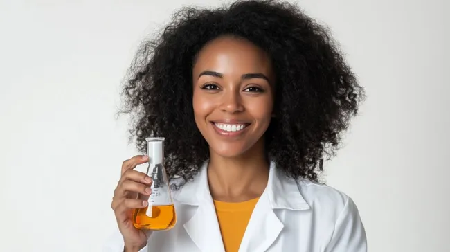 Lächelnde Forscherin mit Reagenzglas in Labor