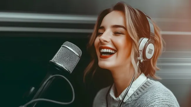 Lächelnde Frau beim Podcast-Aufnehmen mit Kopfhörern und Mikrofon