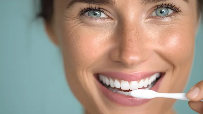 Lächelnde Frau beim Zähneputzen mit weißen Zähnen