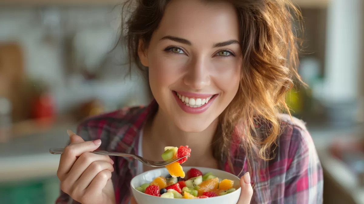 Lächelnde Frau genießt gesundes Obst-Müsli