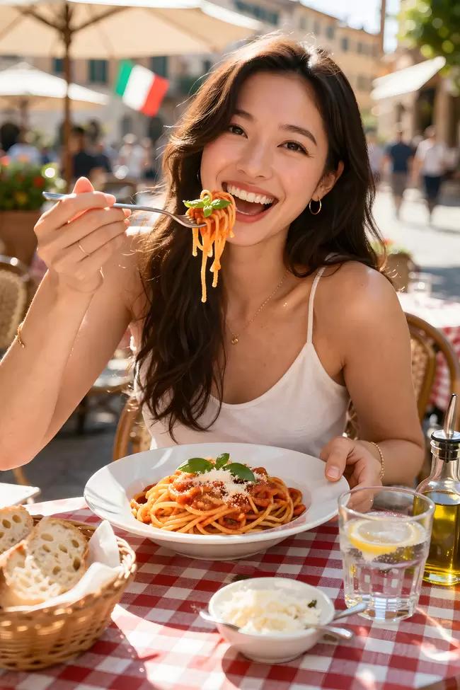 Lächelnde Frau genießt italienisches Essen im Freien