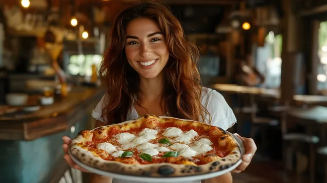 Lächelnde Frau genießt leckere Pizza in gemütlicher Gaststätte