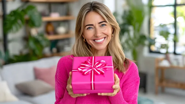 Lächelnde Frau hält rosa Geschenkbox in der Hand