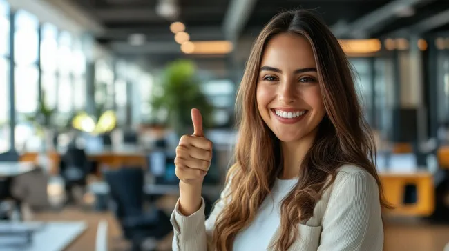 Lächelnde Frau im modernen Büroumfeld zeigt Daumen hoch