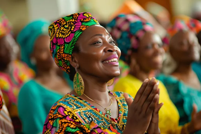 Lächelnde Frau in bunter, traditioneller Kleidung