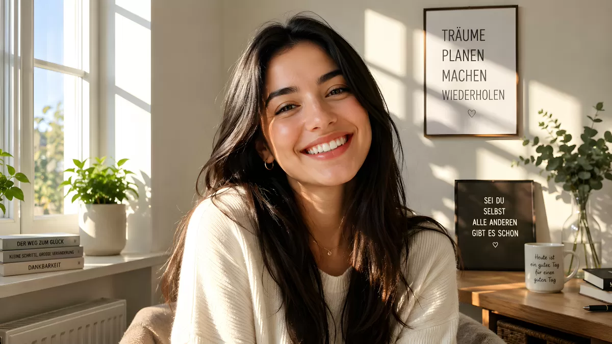 Lächelnde Frau in hellem Wohnzimmer mit Motivationsposter