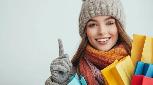 Lächelnde Frau mit Einkaufstüten beim Winteroutfit