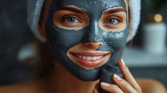 Lächelnde Frau mit Gesichtsmaske beim Hautpflegeritual