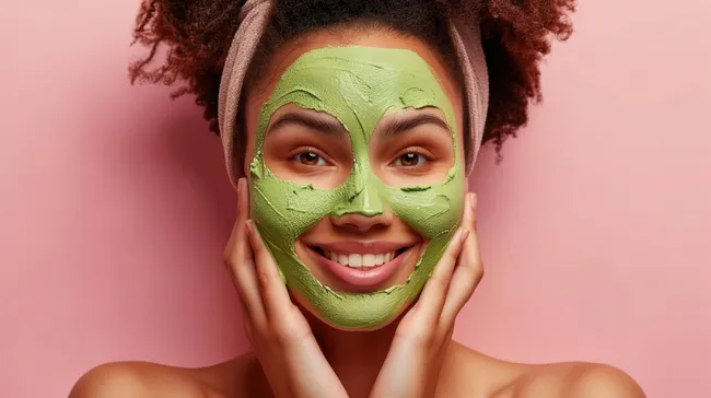 Lächelnde Frau mit grüner Gesichtsmaske