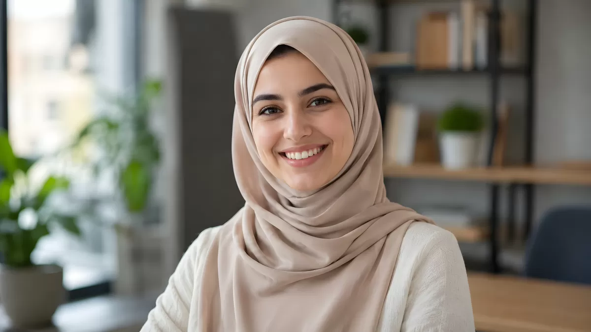 Lächelnde Frau mit Hijab im modernen Büro