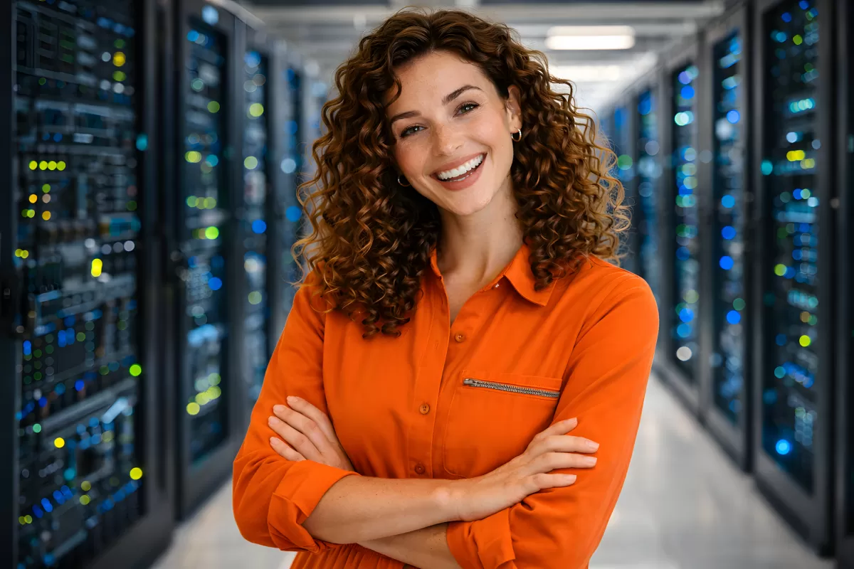 Lächelnde Frau mit lockigem Haar im Serverraum