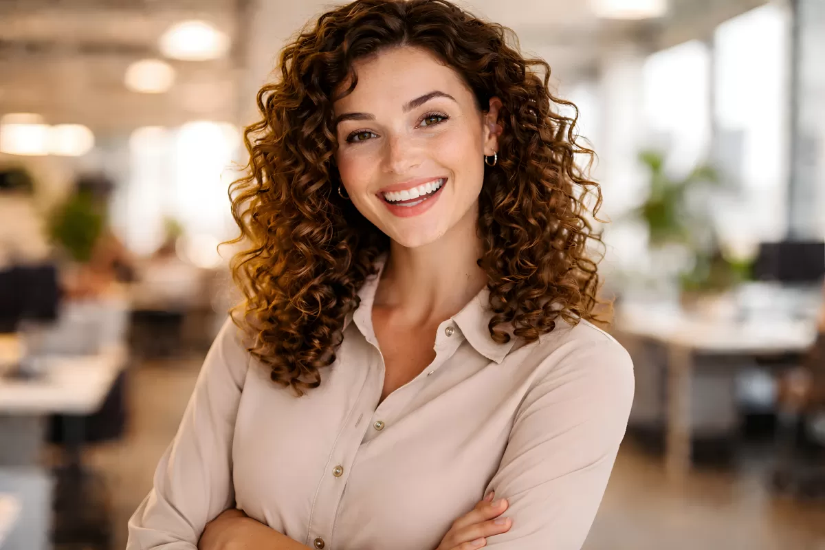 Lächelnde Frau mit lockigem Haar in beiger Bluse