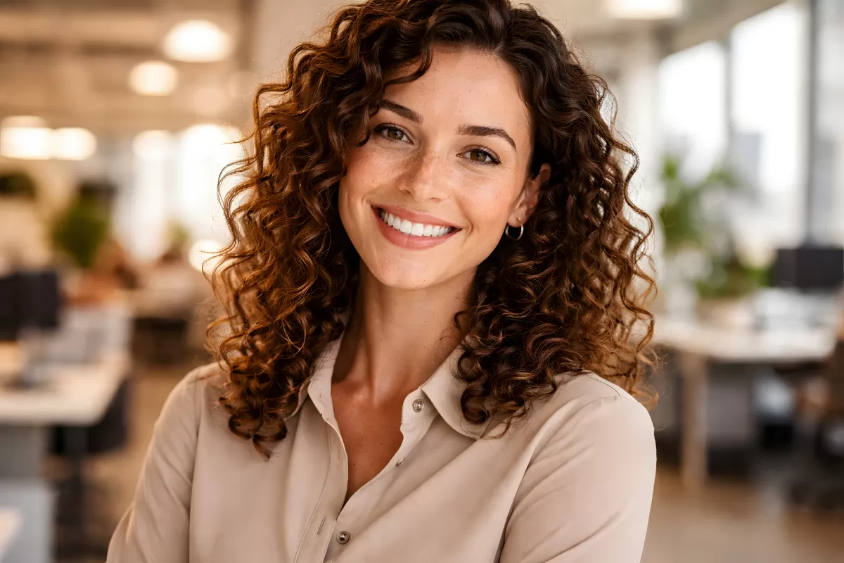 Lächelnde Frau mit lockiger Frisur in stilvollem Interieur