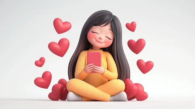 Lächelnde Frau mit Smartphone in rosa Herzen