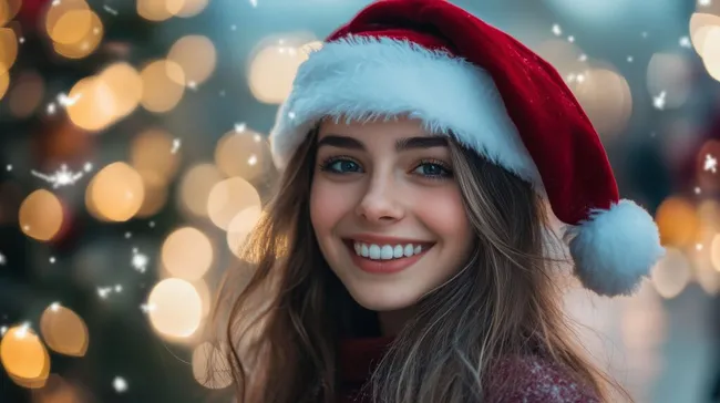 Lächelnde Frau mit Weihnachtsmütze vor Bokeh-Hintergrund