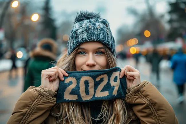 Lächelnde Frau mit Wollmütze präsentiert 2029