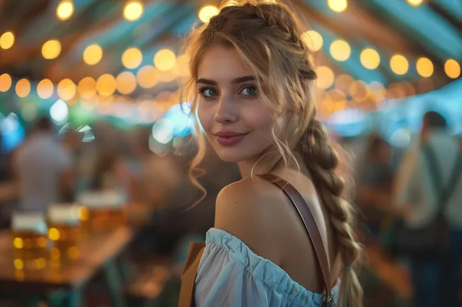 Lächelnde Frau vor festlichen Lichtern