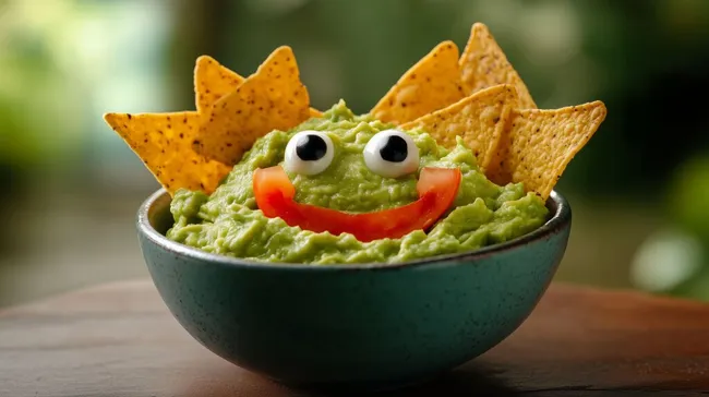 Lächelnde Guacamole mit knusprigen Nachos